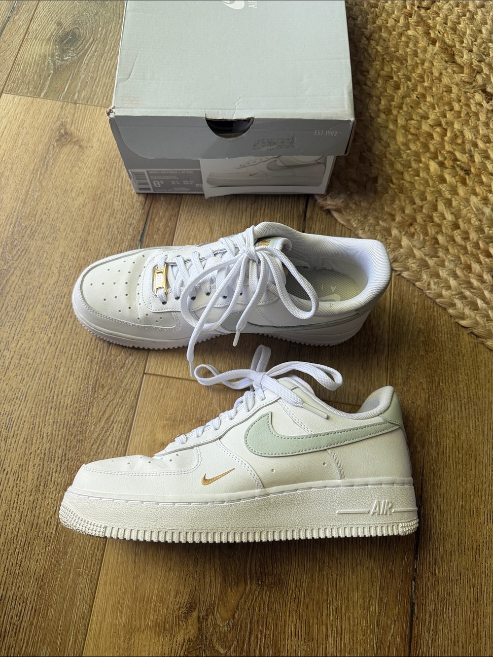 Nike White Leather Air Force 1s with Mint Swoosh and Gold Details